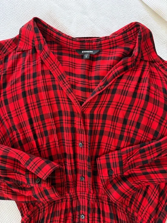 Express Red and Black Plaid Long Sleeve Dress - Picture 4 of 10